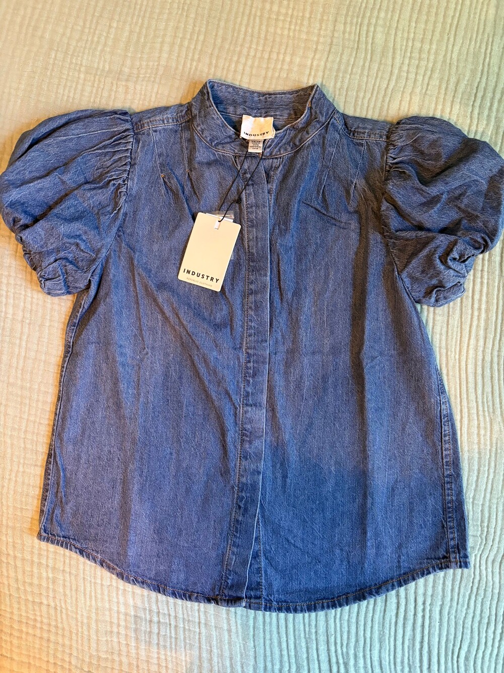 INDUSTRY Denim Blouse XS Cotton Puff Sleeve Button Closure